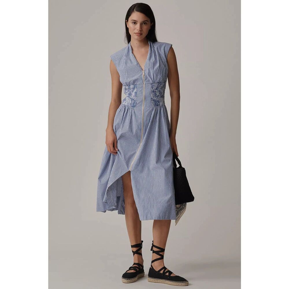 Anthropologie The Tommie Cap-Sleeve Smocked Front-Zip Shirt Dress: Shine Edition